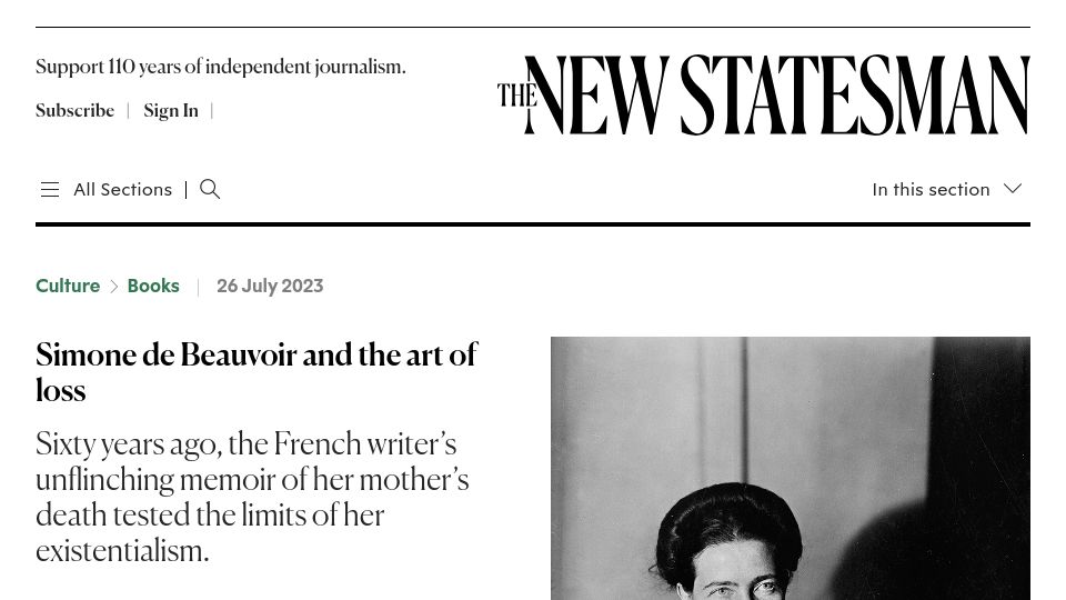 Screenshot of newstatesman.com: Simone de Beauvoir and the art of loss