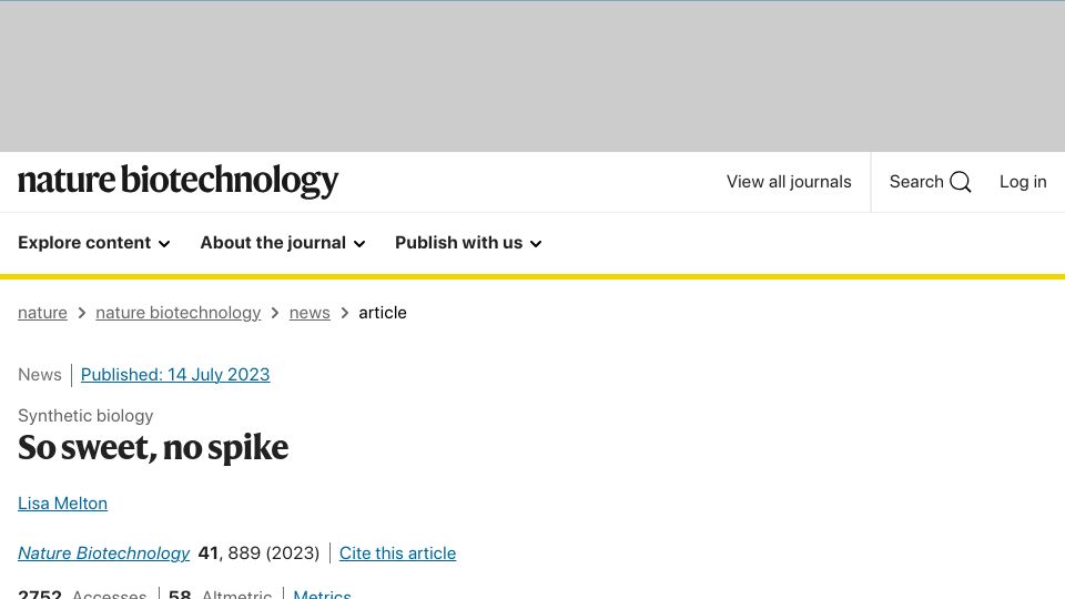 Screenshot of nature.com: Microbially produced protein that is much sweeter than sugar