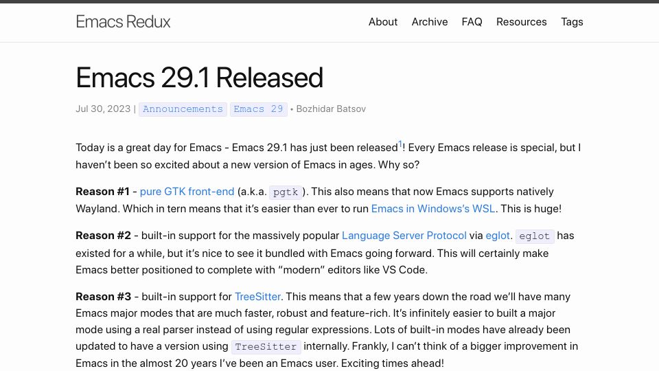 Screenshot of emacsredux.com: Emacs 29.1
