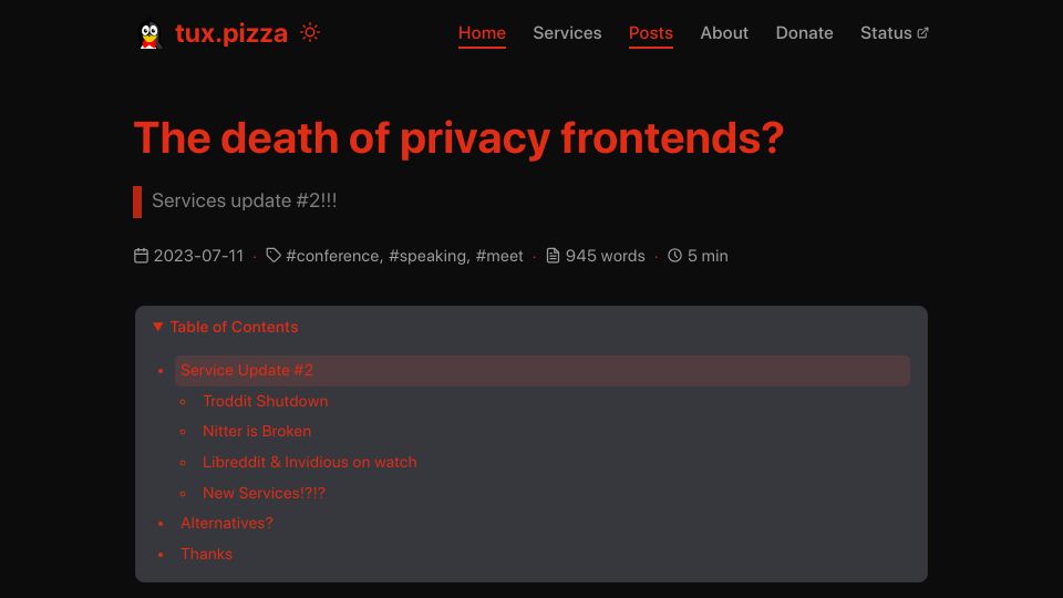 Screenshot of tux.pizza: The death of privacy front ends?