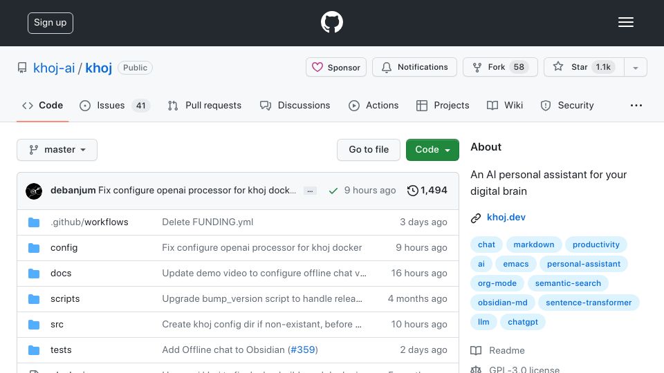 Screenshot of github.com: Show HN: Khoj – Chat offline with your second brain using Llama 2