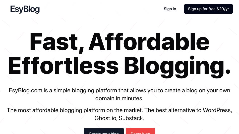Screenshot of esyblog.com: Show HN: WordPress, Ghost alternative at $29/Year
