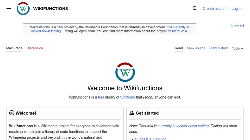 Screenshot of wikifunctions.org: Welcome to Wikifunctions