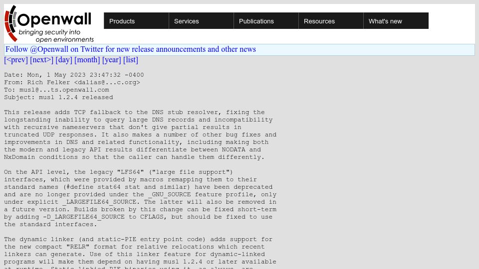 Screenshot of openwall.com: Musl 1.2.4 adds TCP DNS fallback