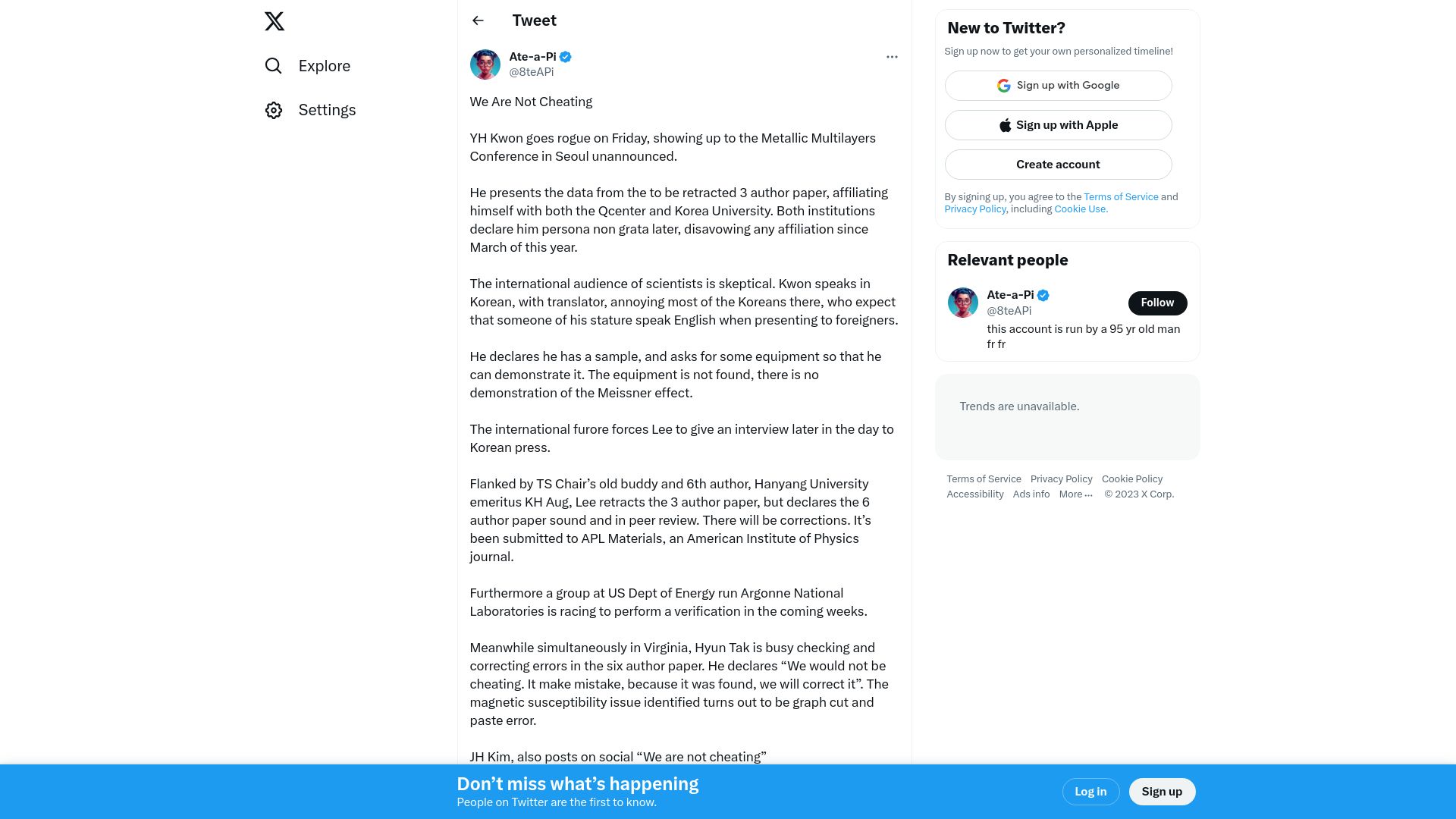 Screenshot of twitter.com: “We are not cheating” (YH Kwon superconductor comments)