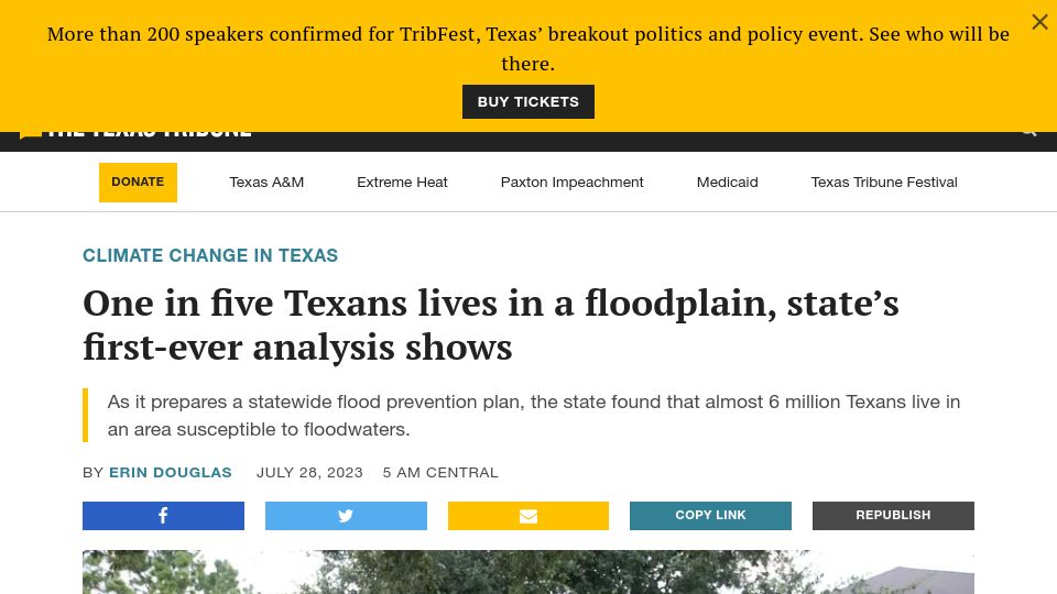 Screenshot of texastribune.org: One in five Texans lives in a floodplain, state’s first-ever analysis shows