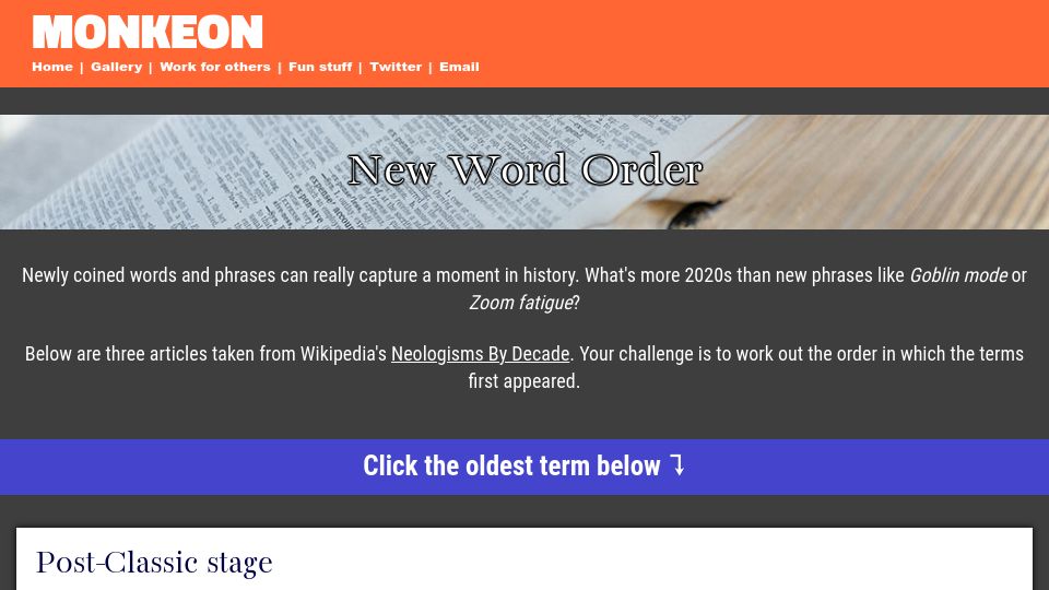 Screenshot of monkeon.co.uk: New Word Order