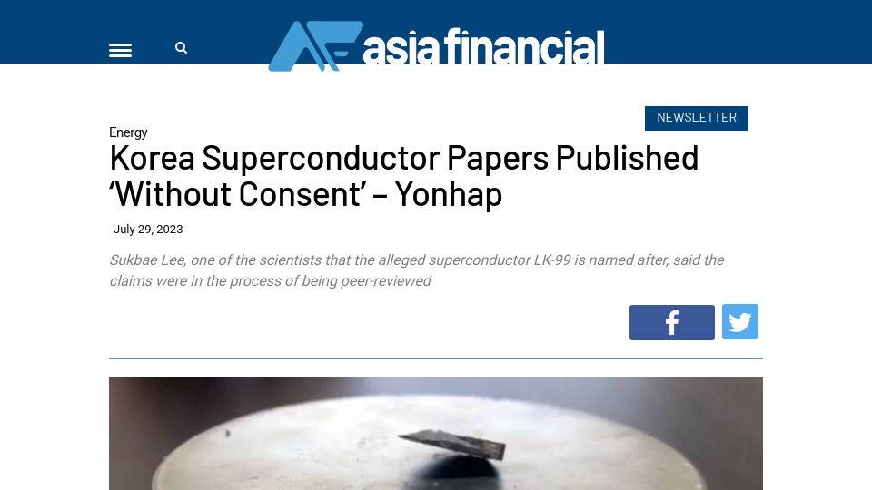 Screenshot of asiafinancial.com: Korea Superconductor Papers Published ‘Without Consent’