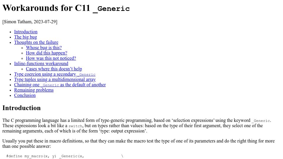 Screenshot of chiark.greenend.org.uk: Workarounds for C11 _Generic()