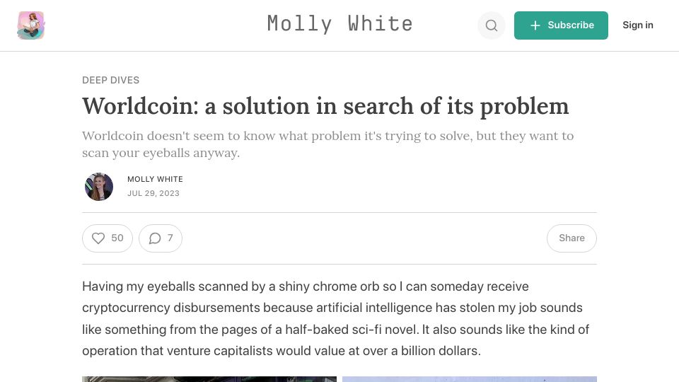Screenshot of newsletter.mollywhite.net: Worldcoin: A solution in search of its problem