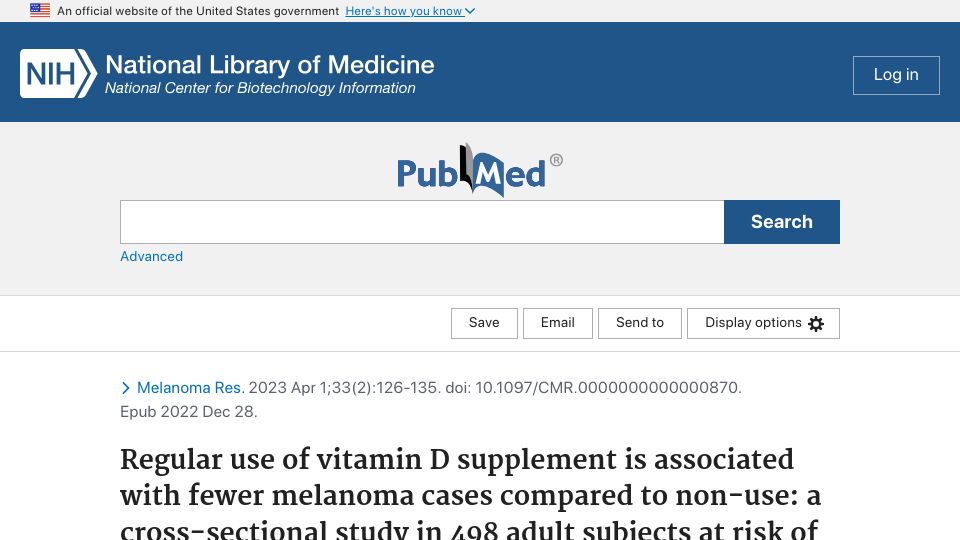 Screenshot of pubmed.ncbi.nlm.nih.gov: Regular use of Vitamin D supplement is associated with fewer melanoma cases