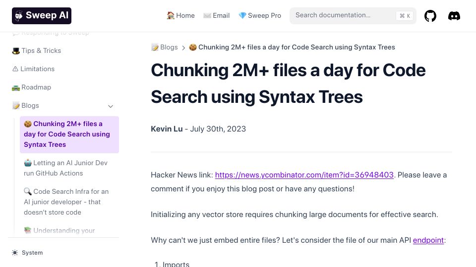 Screenshot of docs.sweep.dev: Chunking 2M files a day for code search using syntax trees