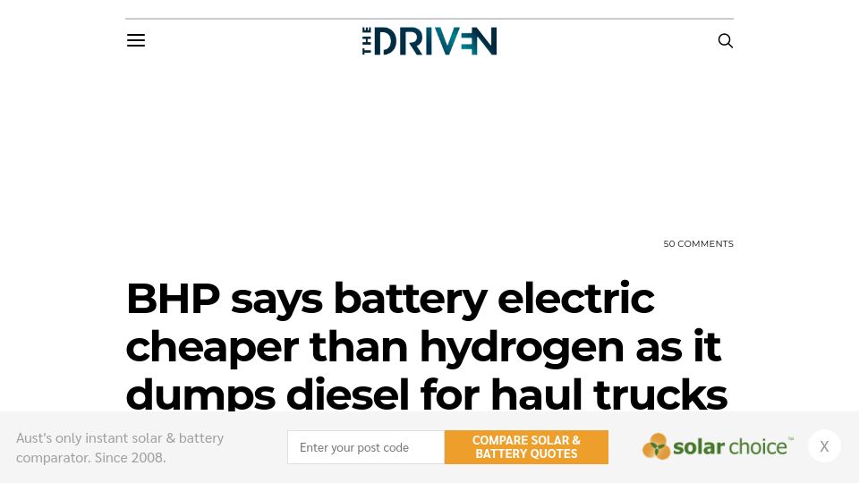 Screenshot of thedriven.io: BHP says battery electric cheaper than hydrogen as it dumps diesel