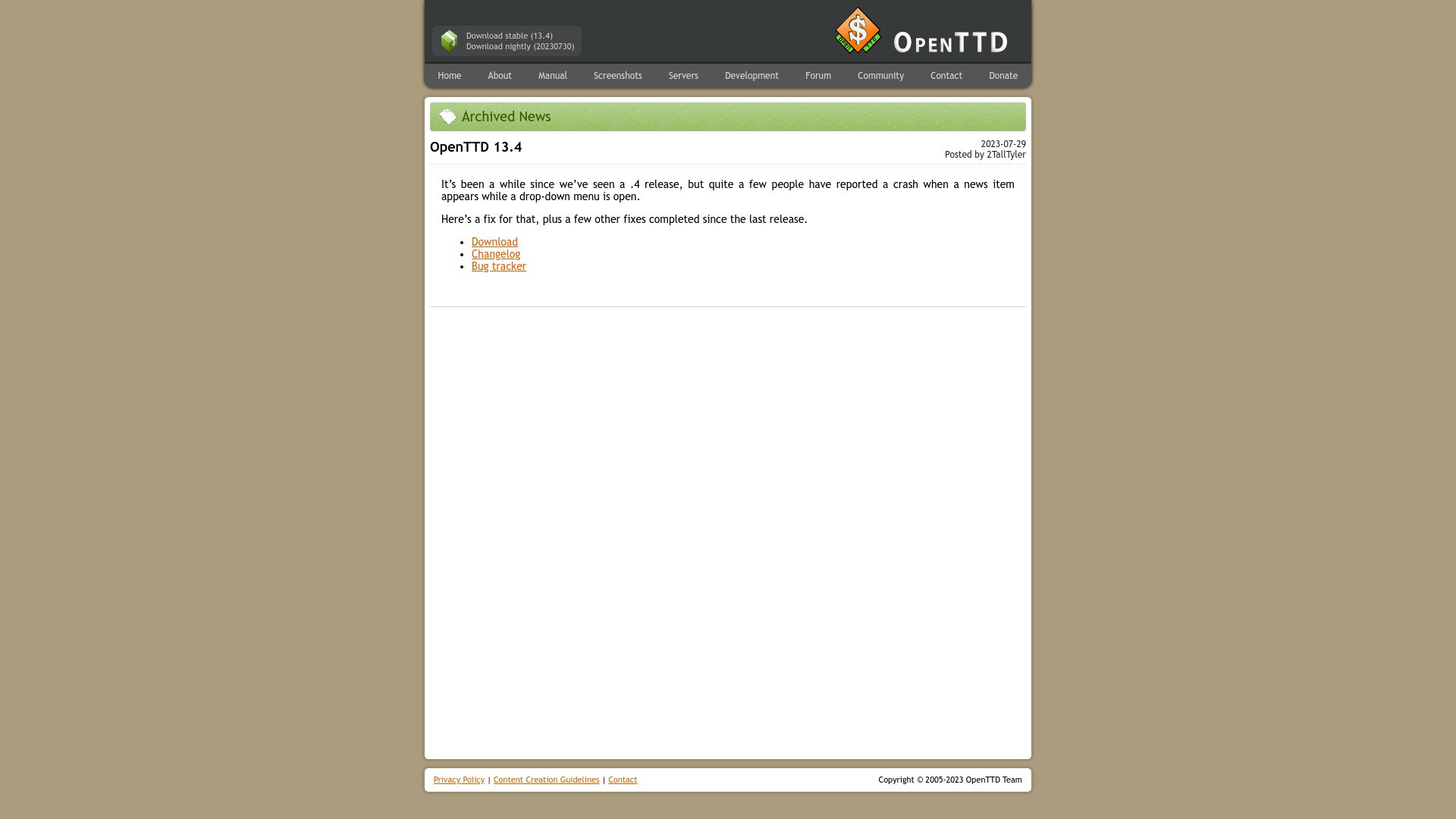 Screenshot of openttd.org: OpenTTD 13.4 Released