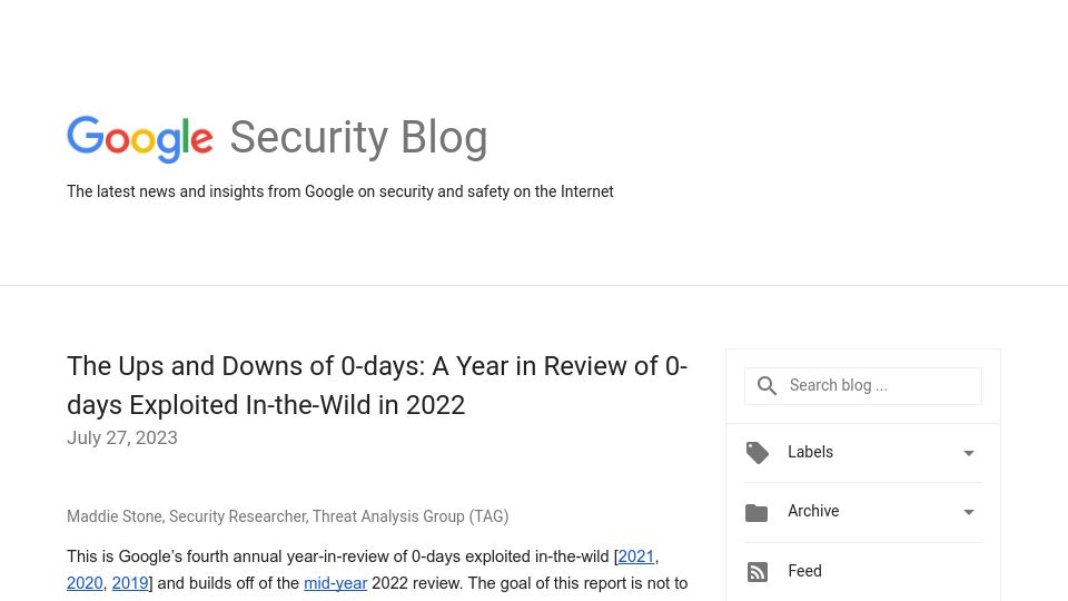 Screenshot of security.googleblog.com: A Year in Review of 0-days Exploited In-the-Wild in 2022