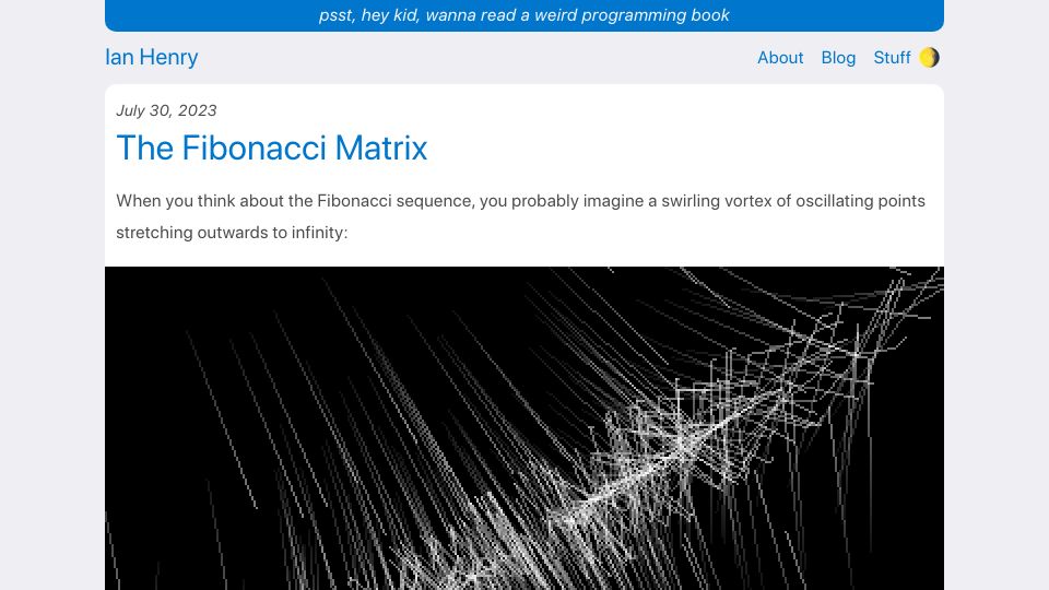 Screenshot of ianthehenry.com: The Fibonacci Matrix