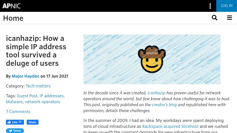 Screenshot of blog.apnic.net: Icanhazip: A simple IP address tool survived a deluge of users (2021)
