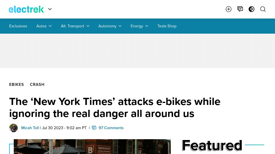 Screenshot of electrek.co: The New York Times attacks e-bikes while ignoring the real danger all around us