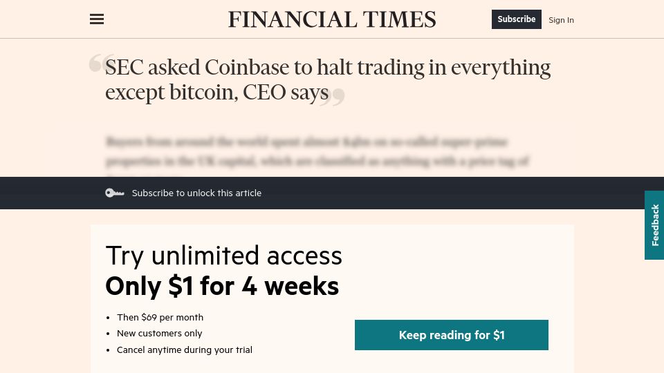 Screenshot of ft.com: SEC asked Coinbase to halt trading in everything except bitcoin, CEO says