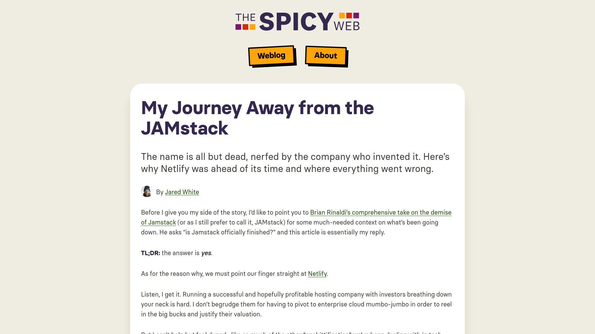 Screenshot of spicyweb.dev: My journey away from the JAMstack