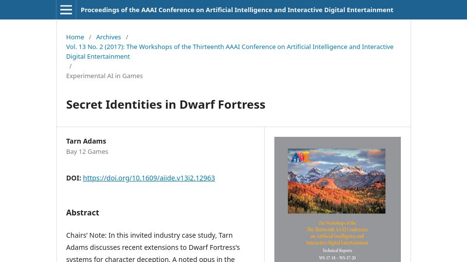 Screenshot of ojs.aaai.org: Secret identities in Dwarf Fortress (2017)