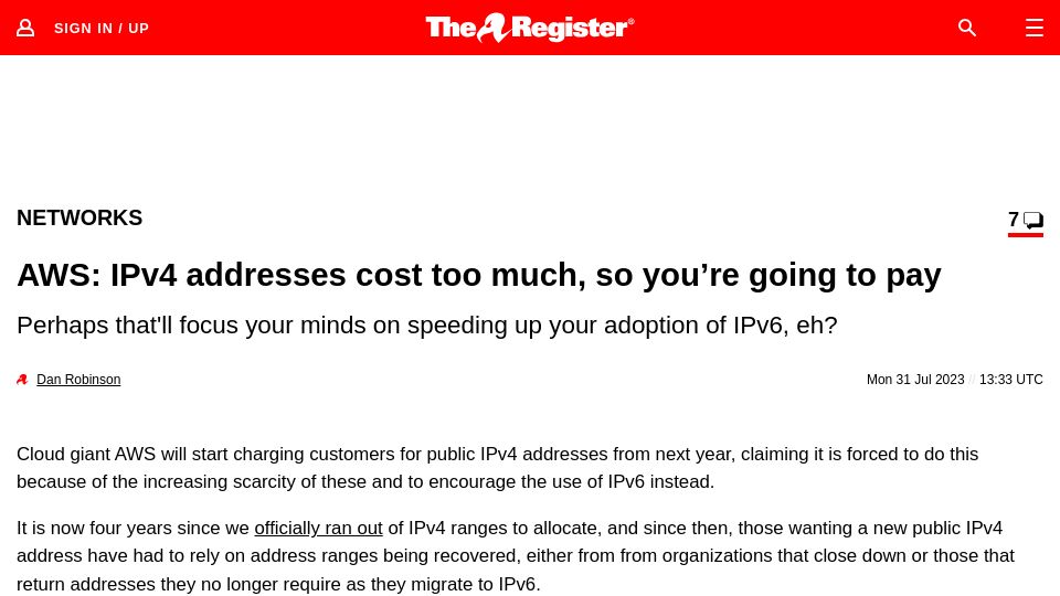 Screenshot of theregister.com: AWS: IPv4 addresses cost too much, so you’re going to pay