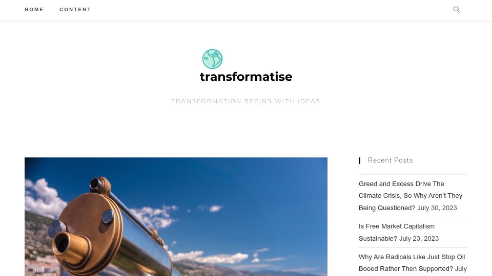 Screenshot of transformatise.com: Greed and Excess Drive the Climate Crisis, So Why Aren’t They Being Questioned?