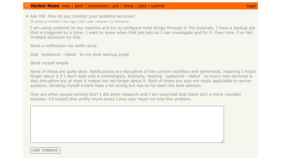 Screenshot of Hacker News post: Ask HN: How do you monitor your systemd services?
