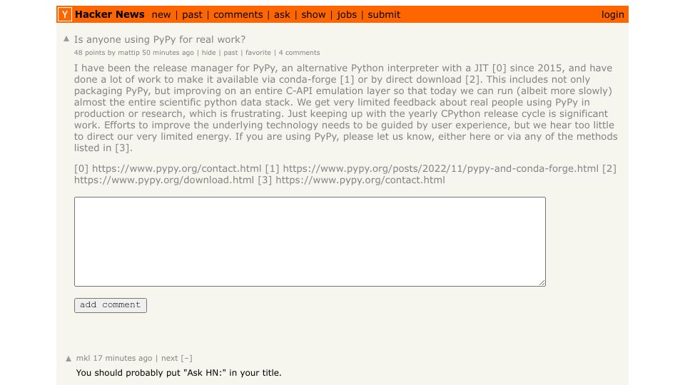 Screenshot of Hacker News post: Ask HN: Is anyone using PyPy for real work?