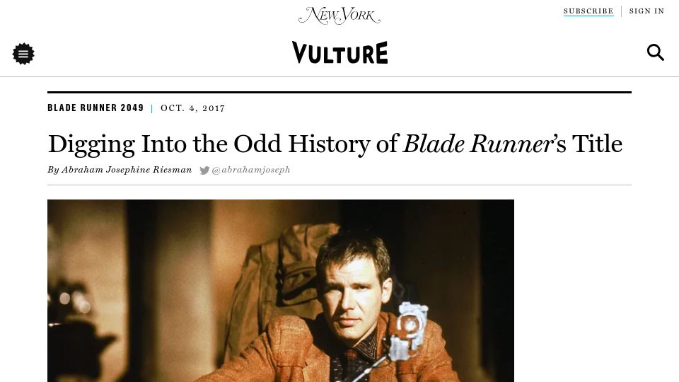 Screenshot of vulture.com: Digging into the odd history of Blade Runner’s title (2017)