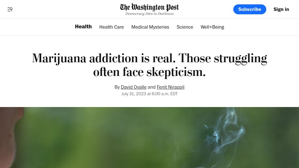 Screenshot of washingtonpost.com: Marijuana addiction: those struggling often face skepticism