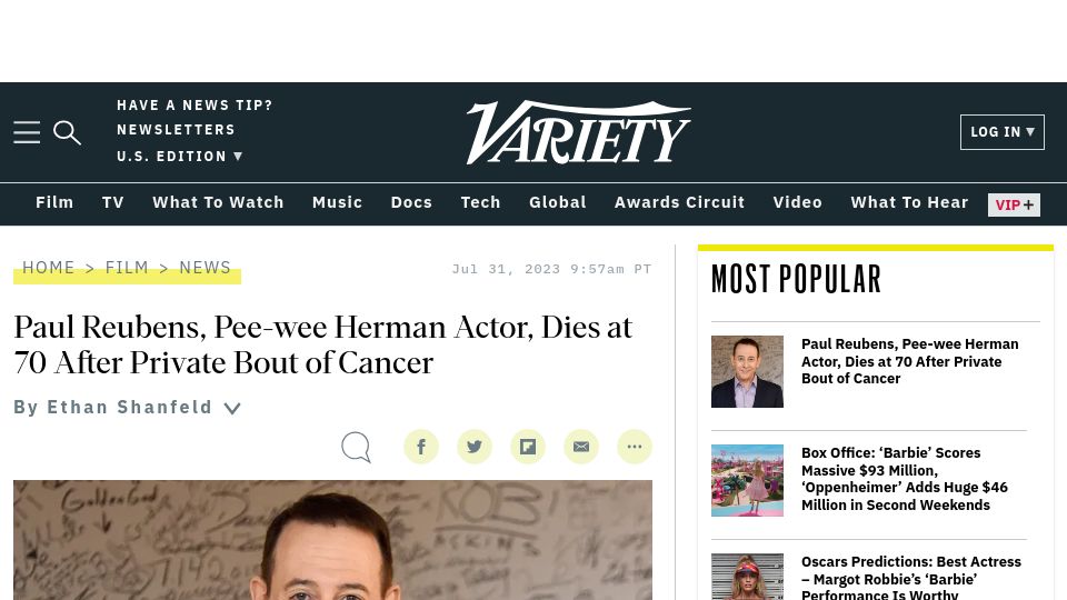 Screenshot of variety.com: Pee-wee Herman has died