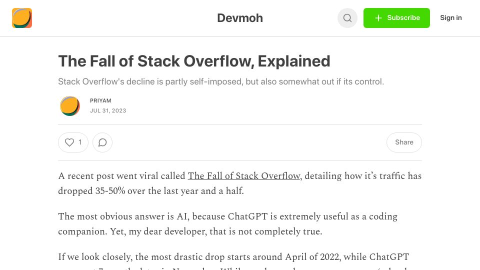 Screenshot of newsletter.devmoh.co: The fall of Stack Overflow, explained?