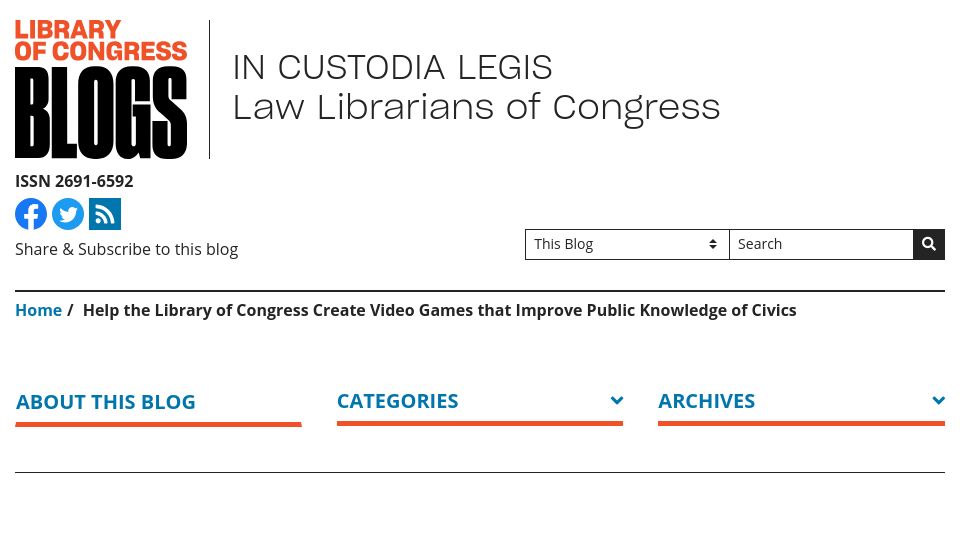 Screenshot of blogs.loc.gov: Help the Library of Congress create games to improve public knowledge of civics
