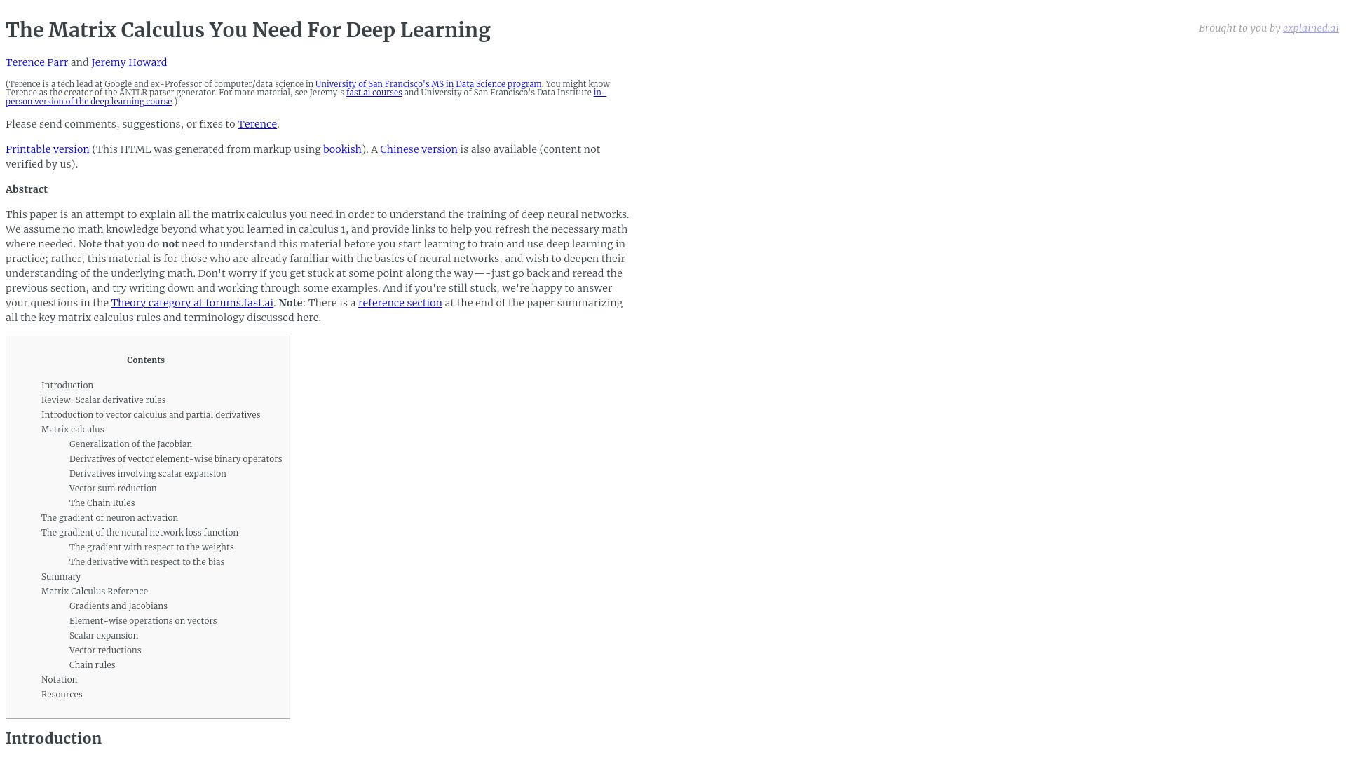 Screenshot of explained.ai: The matrix calculus you need for deep learning (2018)