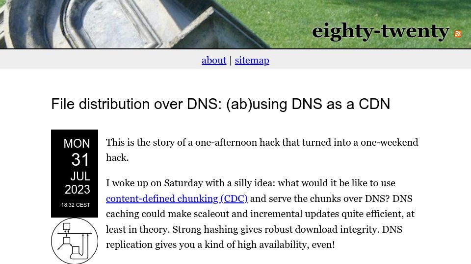 Screenshot of eighty-twenty.org: Show HN: File distribution over DNS: (ab)using DNS as a CDN
