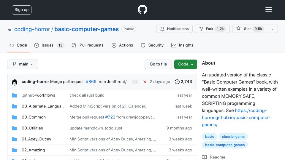 Screenshot of github.com: “BASIC Computer Games” code in modern languages