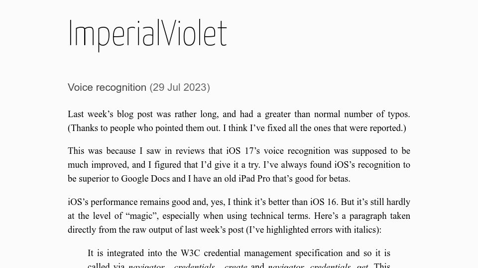 Screenshot of imperialviolet.org: Voice Recognition