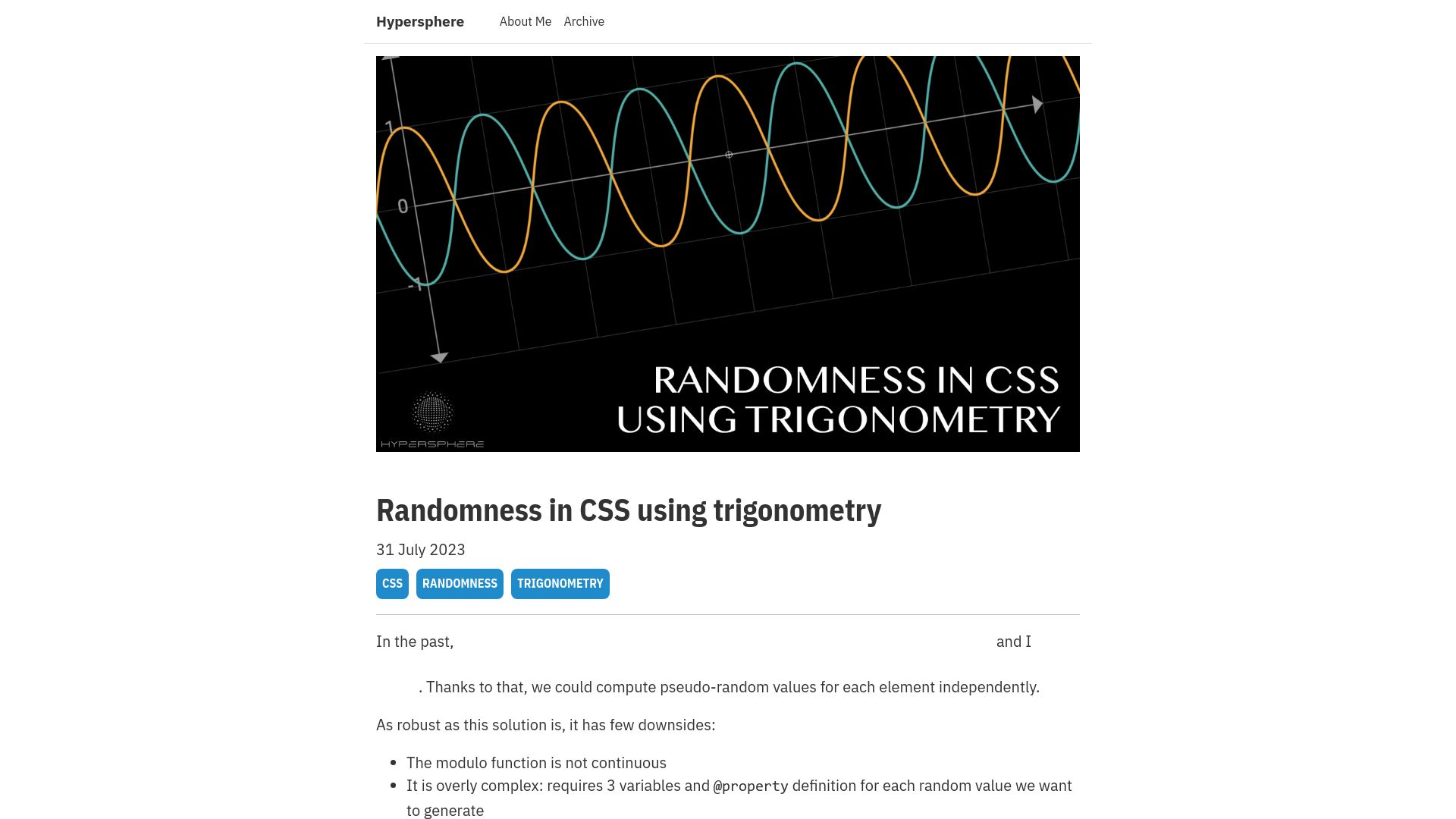 Screenshot of hypersphere.blog: Randomness in CSS using trigonometry