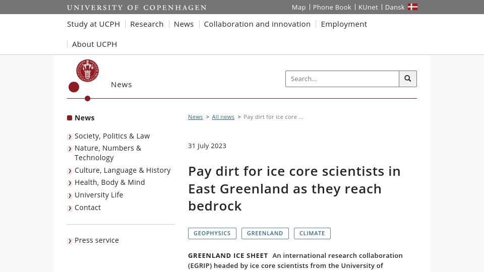 Screenshot of news.ku.dk: Ice core scientists in East Greenland reach bedrock