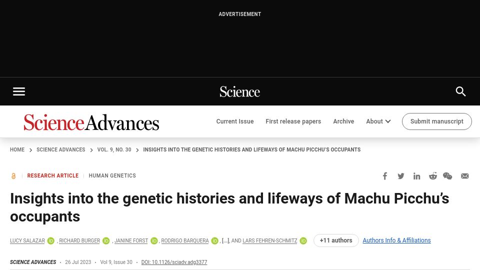 Screenshot of science.org: Insights into the genetic histories and lifeways of Machu Picchu’s occupants