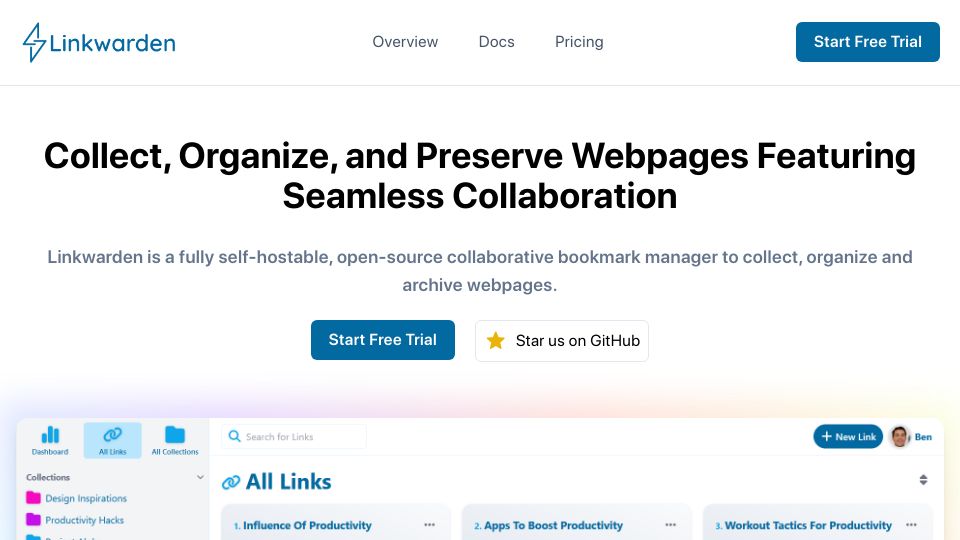 Screenshot of linkwarden.app: Show HN: Linkwarden – An open source collaborative bookmark manager