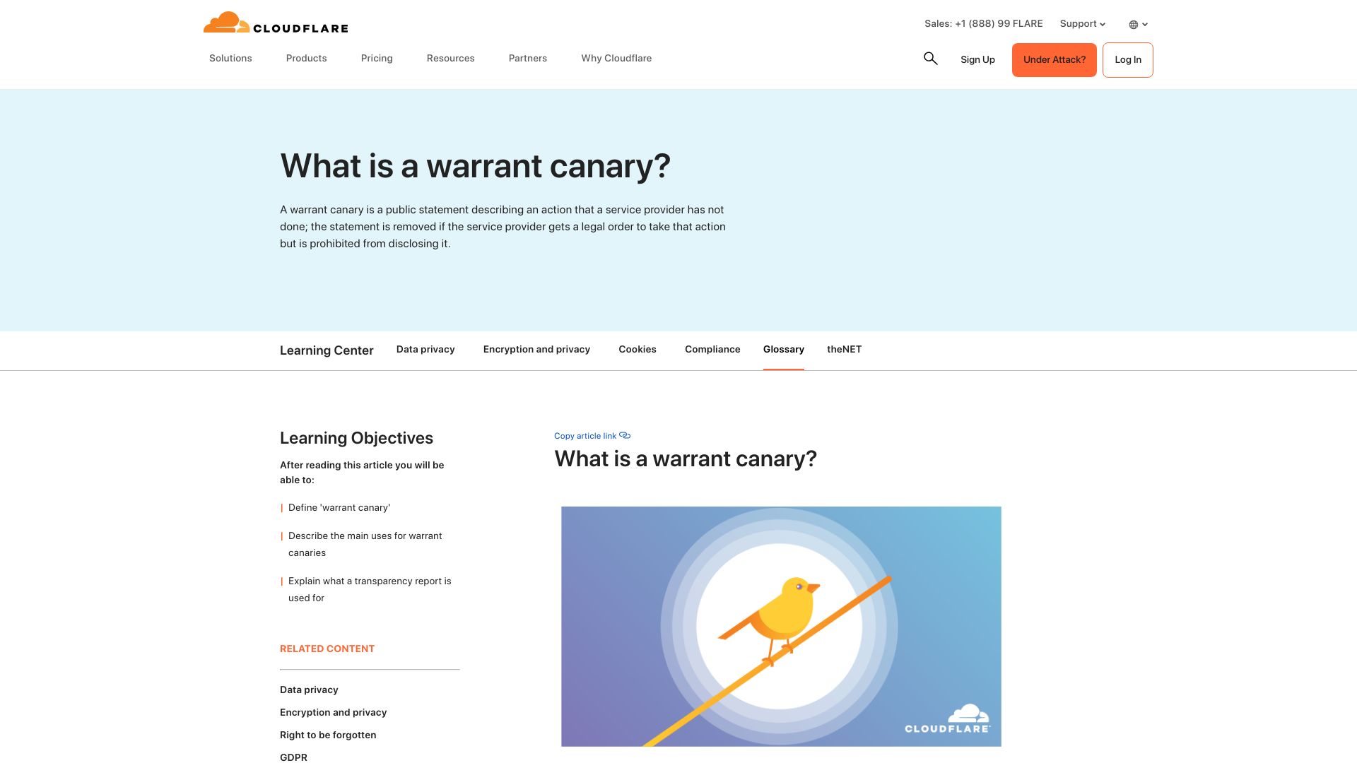 Screenshot of cloudflare.com: CloudFlare’s last Warrant Canary was published over a year ago