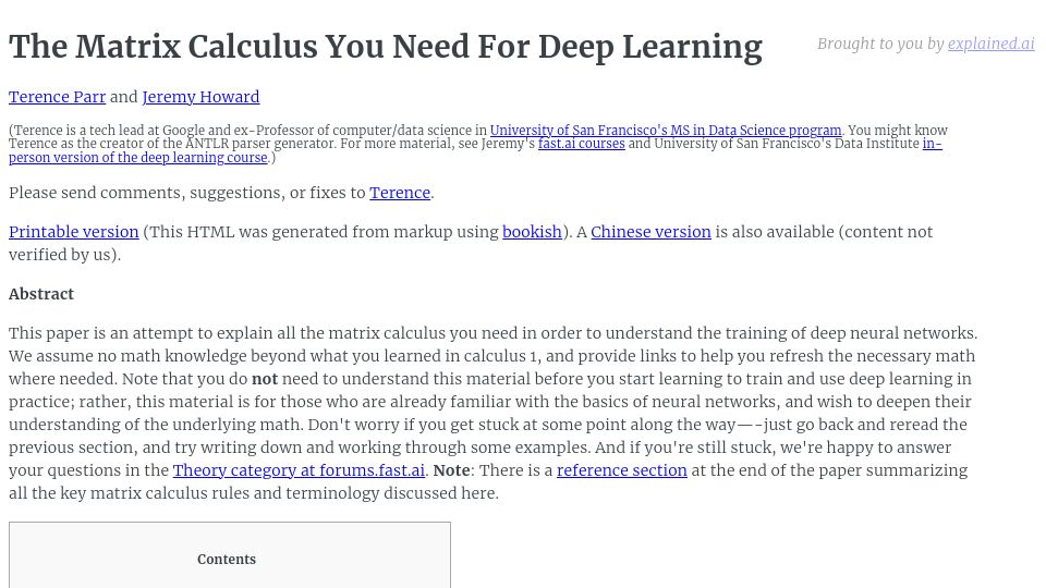 Screenshot of explained.ai: The matrix calculus you need for deep learning (2018)