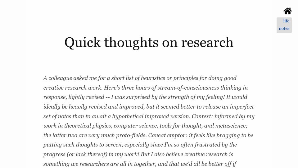 Screenshot of michaelnotebook.com: Quick thoughts on research