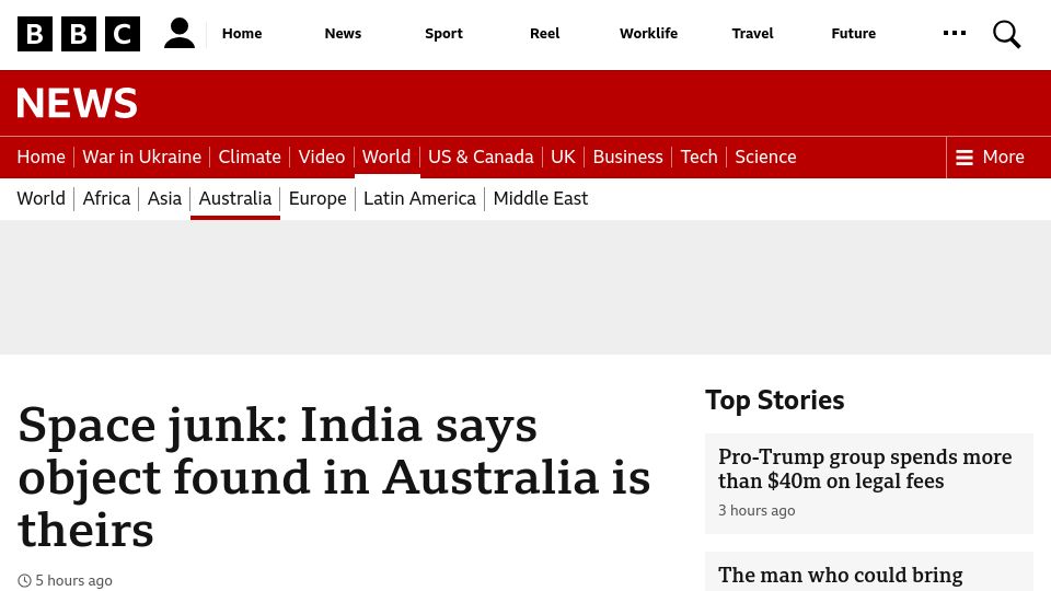 Screenshot of bbc.com: Space junk: India says object found in Australia is theirs