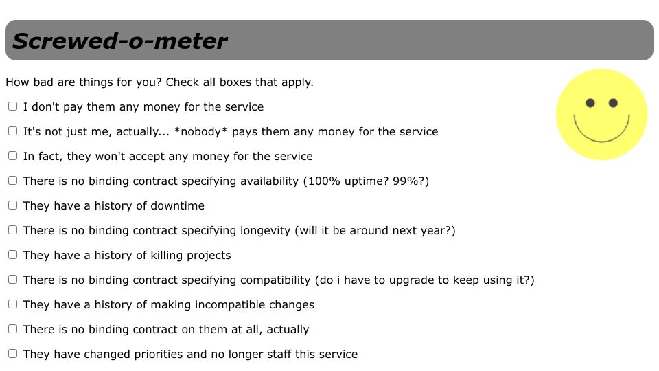 Screenshot of rachelbythebay.com: The Screwed-O-Meter (2013)