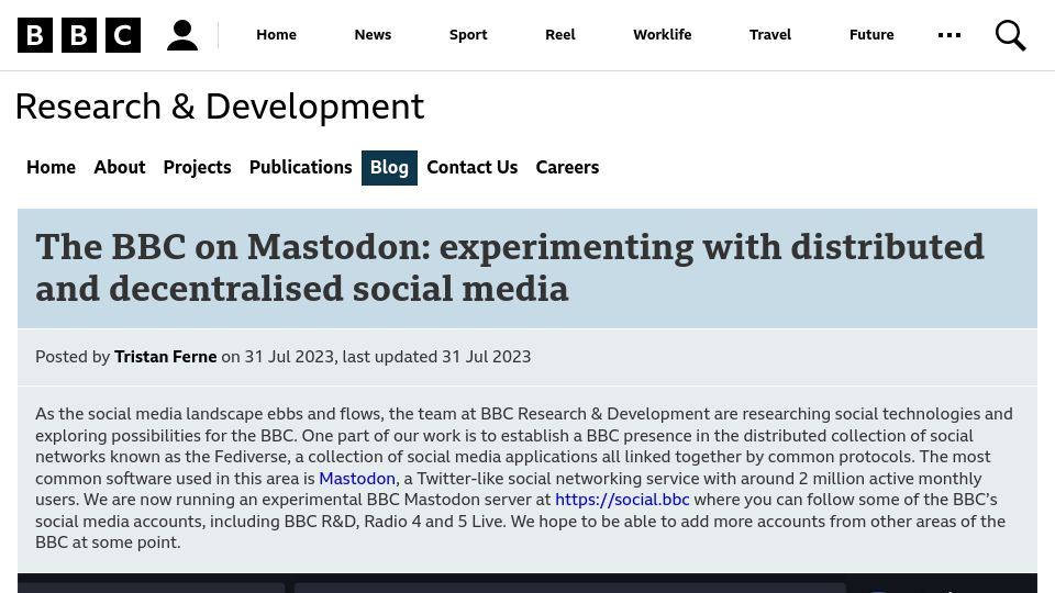 Screenshot of bbc.co.uk: The BBC on Mastodon