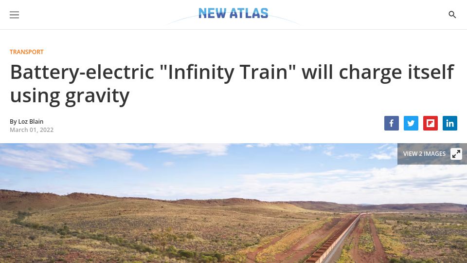 Screenshot of newatlas.com: Battery-electric “Infinity Train” will charge itself using gravity (2022)