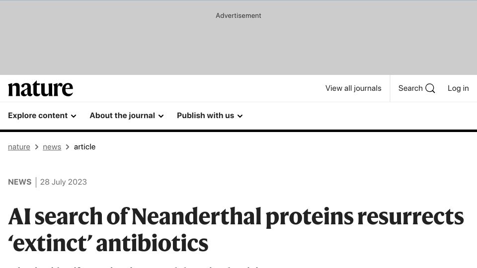Screenshot of nature.com: AI search of Neanderthal proteins resurrects ‘extinct’ antibiotics
